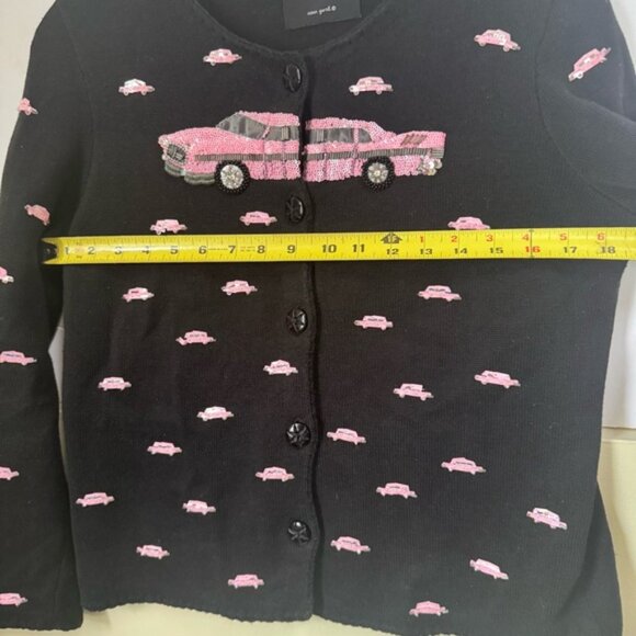 Michael Simon Vintage Pink Cadillac Sequin Beads Cardigan Sweater Cotton Whimsy - Picture 15 of 16